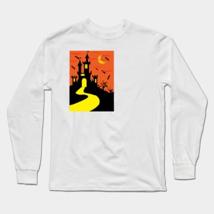 Halloween With Moon Orange Palace And Bat Silhouette Long Sleeve T-Shirt